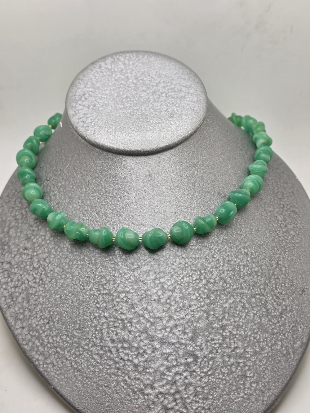 Green Beaded Necklace With Floral Carved Clasp